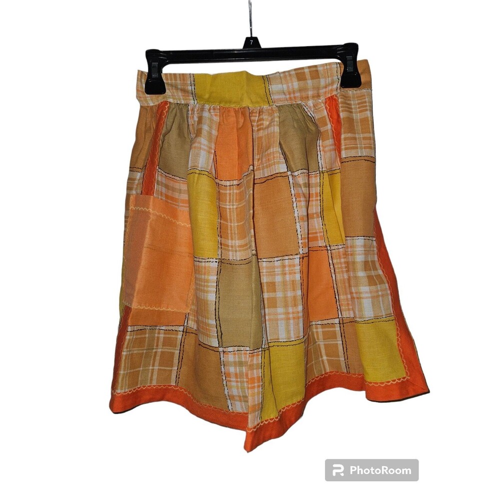 VINTAGE 60s/70s Plaid Orange Yellow Apron One Size Half Apron W/ Pocket